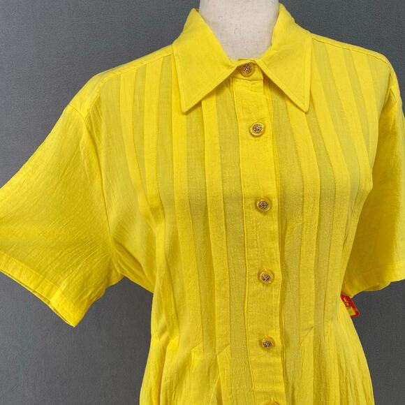 Vtg 80s 90s Two Potato Button Down Tie Back Short Sleeve Maxi Dress XL Yellow - Picture 5 of 16